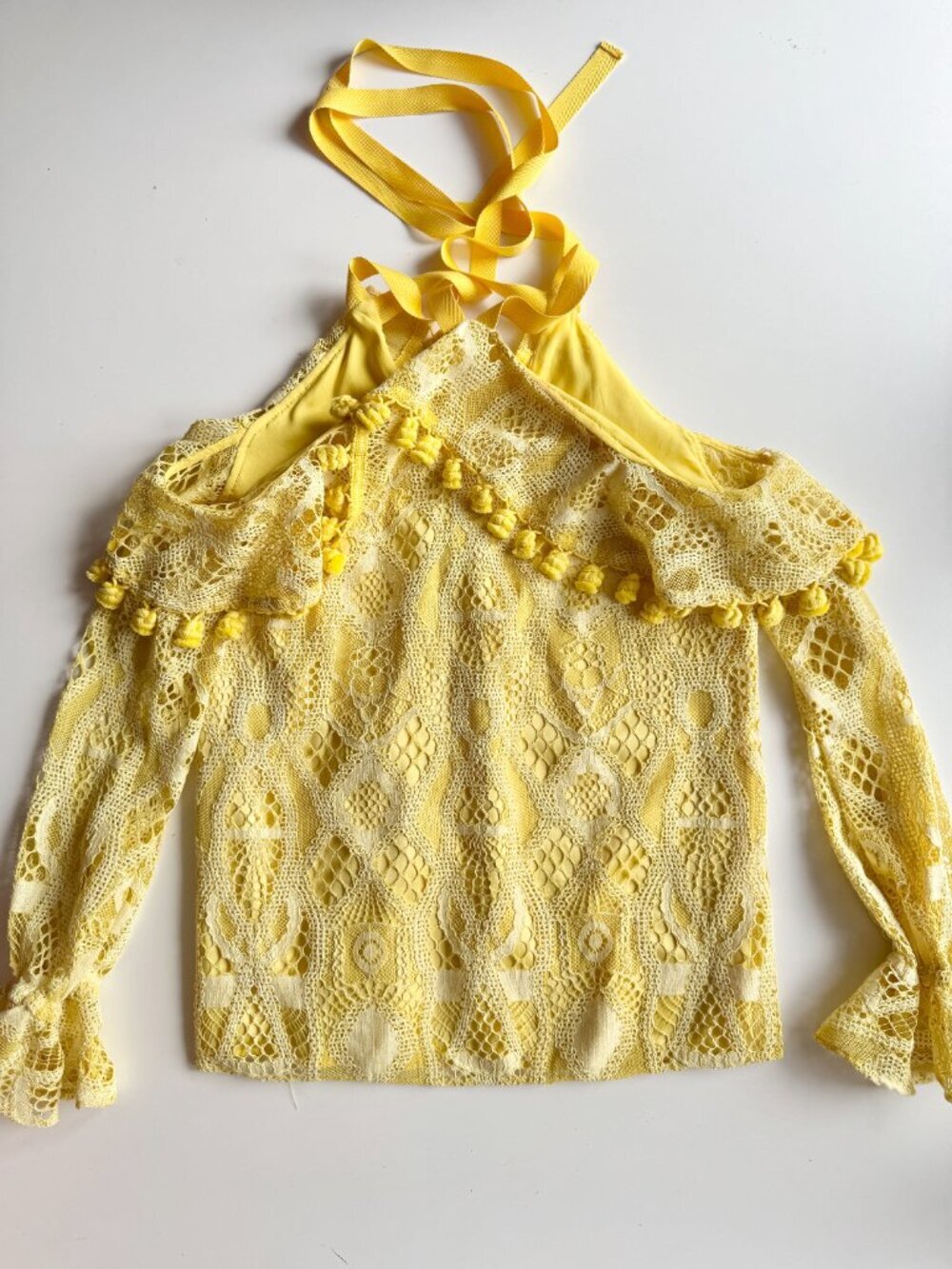 ALEXIS Adriana Yellow Lace Pom Pom Ruffle Cold Shoulder Tie Blouse, Size XS - Picture 9 of 15